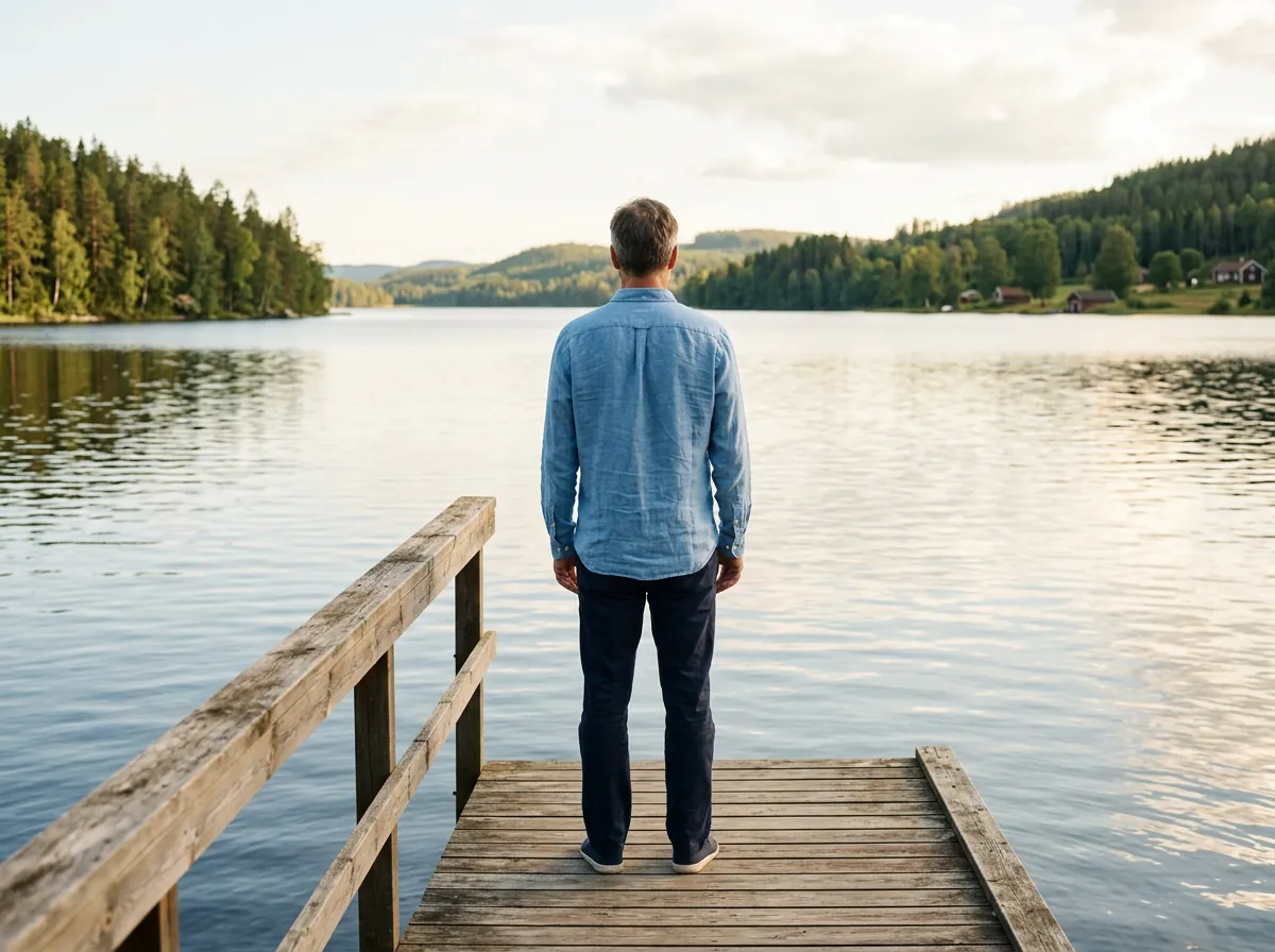 Aktiv man blickar ut över en svensk sjö - wellness och aktiv livsstil